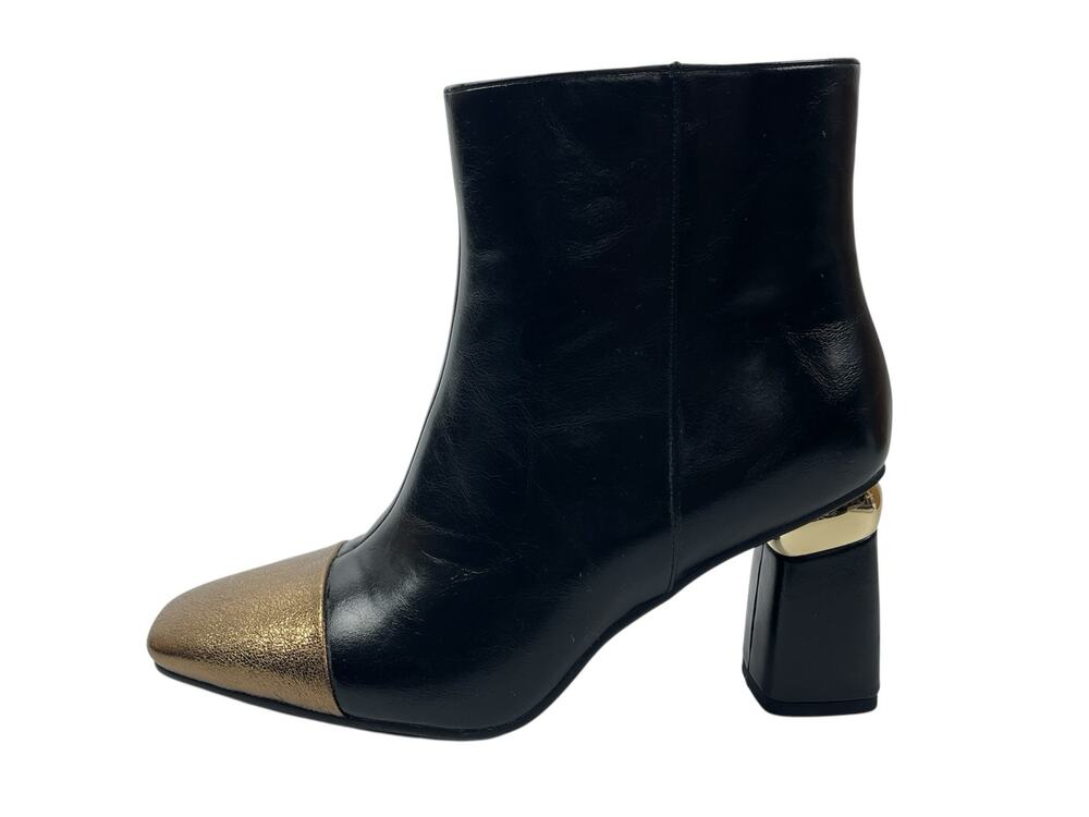 Ninety Union Black Leather Gold Shimmer Square Toe Block Heel Ankle Boots Sz 10